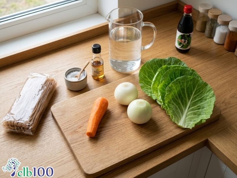 Chuẩn bị các nguyên liệu để làm mì gạo lứt xào rau củ